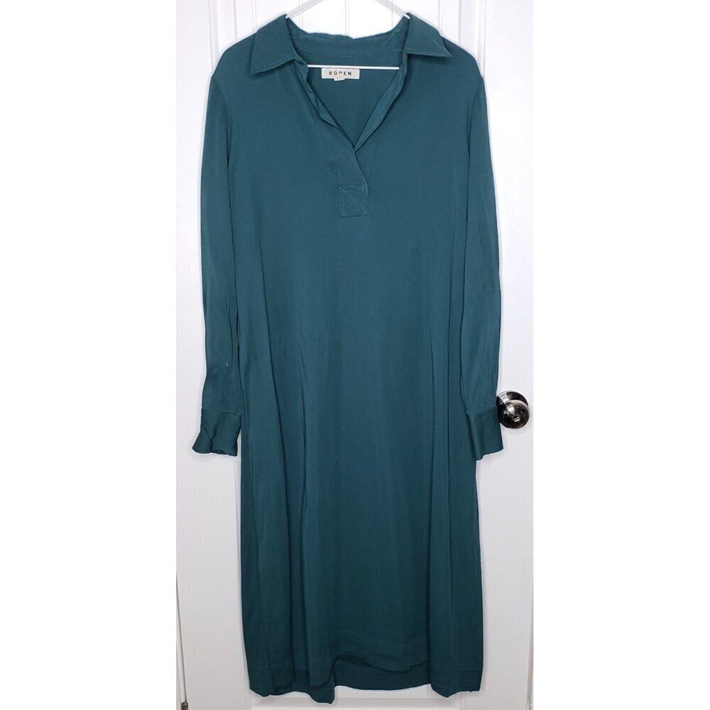 Boden Long Sleeve Maxi Dress Womens 12 R Green Collared Pullover Pocket *No Tie*
